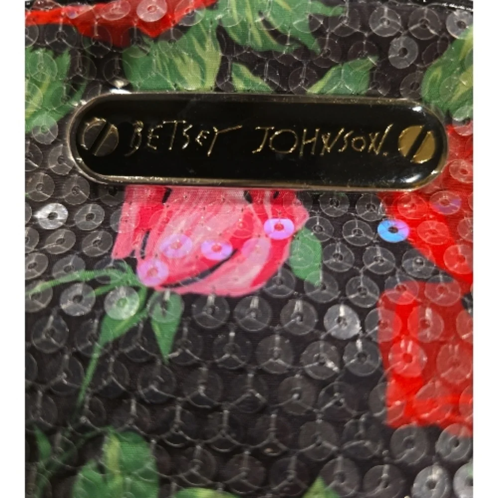 Betsey Johnson Sequined Rose Cosmetic Bag Set of 2 Black Floral Zip Closures